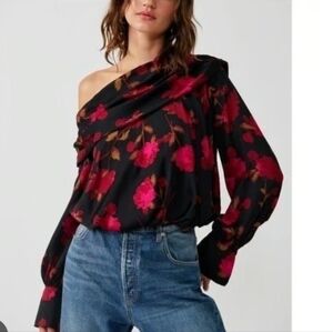 Free People Black and Red Floral Off-Shoulder Top